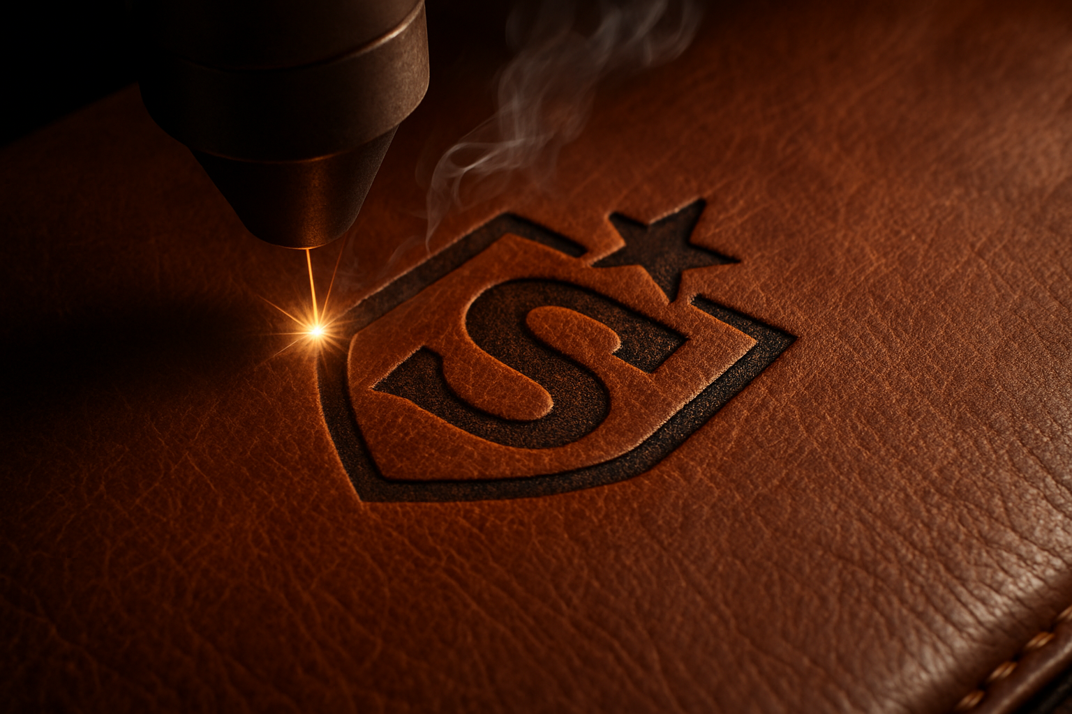 A logo being laser engraved on brown leather. 